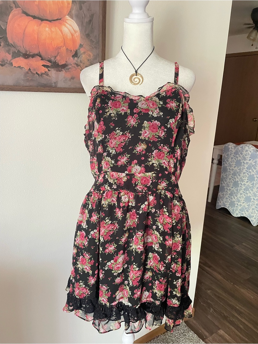 Tripp NYC 90s Y2K Vintage Floral Chiffon Lace Trim Cami Mini Dress Whimsigoth